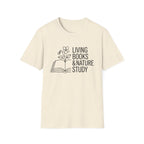 Living Books and Nature Study homeschool mom graphic t-shirt with a Charlotte Mason-inspired design with books, nature details, and vintage homeschool charm