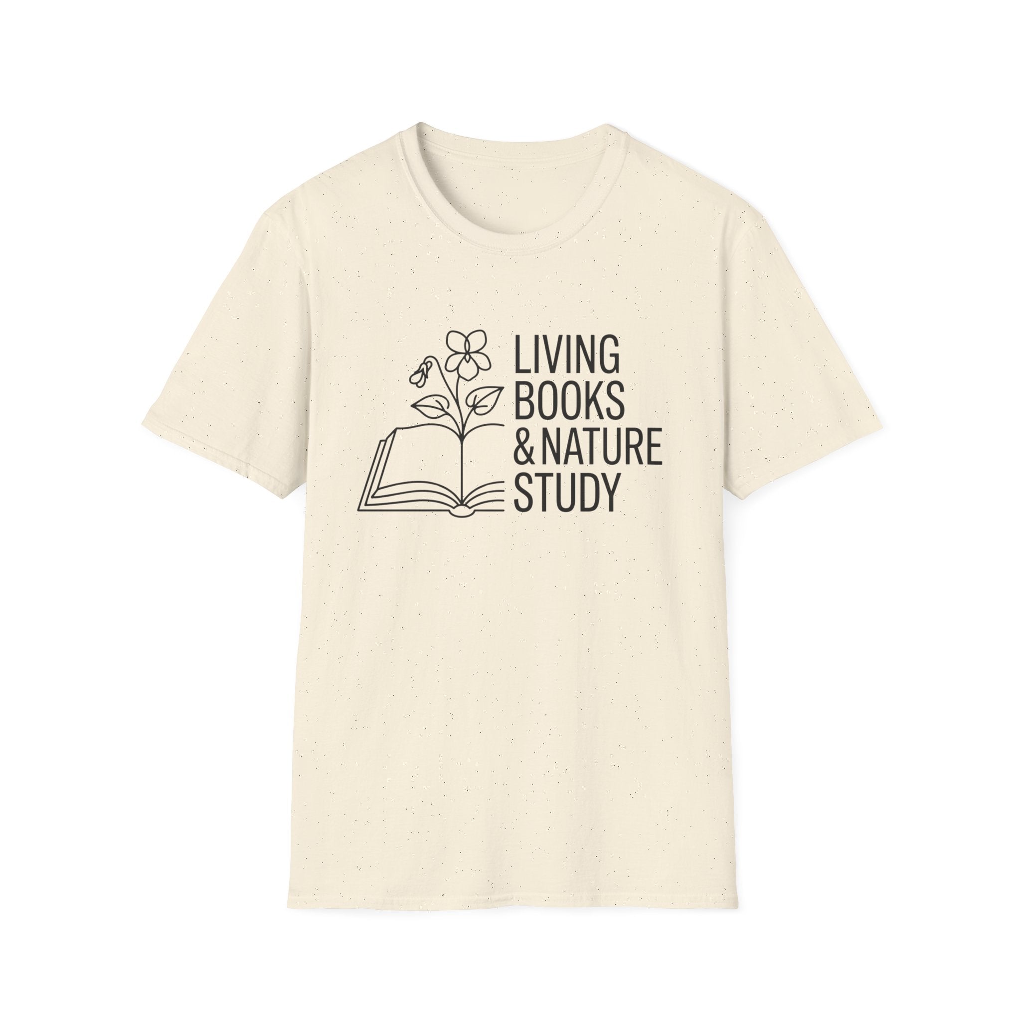 Living Books and Nature Study homeschool mom graphic t-shirt with a Charlotte Mason-inspired design with books, nature details, and vintage homeschool charm