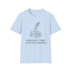 Morning Time & Living Books homeschool mom graphic t-shirt with a Charlotte Mason-inspired design with books, nature details, and vintage homeschool charm