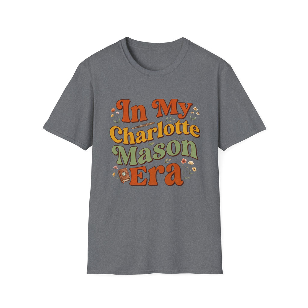 In My Charlotte Mason Era homeschool mom graphic t-shirt with a Charlotte Mason-inspired design with books, nature details, and vintage homeschool charm