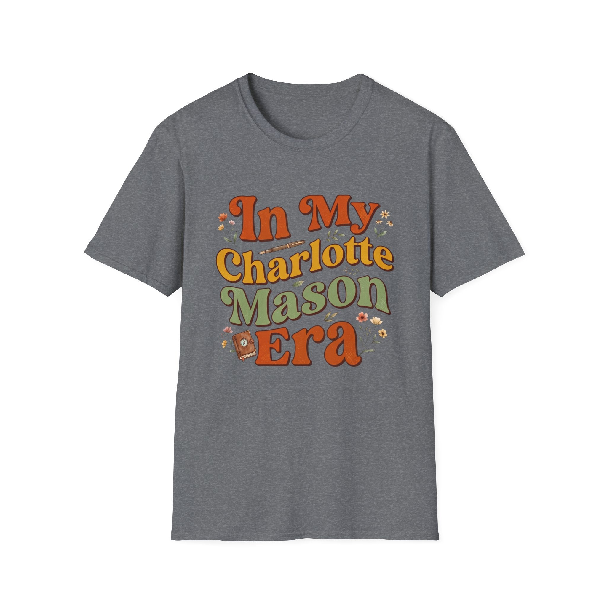 In My Charlotte Mason Era homeschool mom graphic t-shirt with a Charlotte Mason-inspired design with books, nature details, and vintage homeschool charm