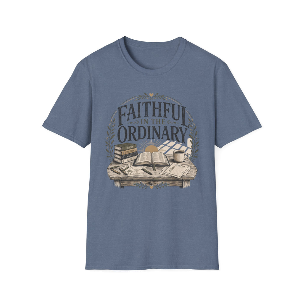Faithful In The Ordinary homeschool mom graphic t-shirt with a faith-filled homeschool design with gentle lettering and classic illustrative details