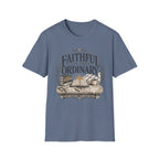 Faithful In The Ordinary homeschool mom graphic t-shirt with a faith-filled homeschool design with gentle lettering and classic illustrative details