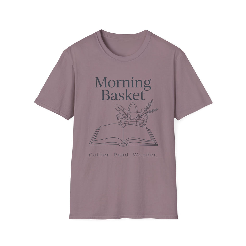 Morning Basket homeschool mom graphic t-shirt with a cozy morning basket-inspired design with books, gentle details, and home learning charm