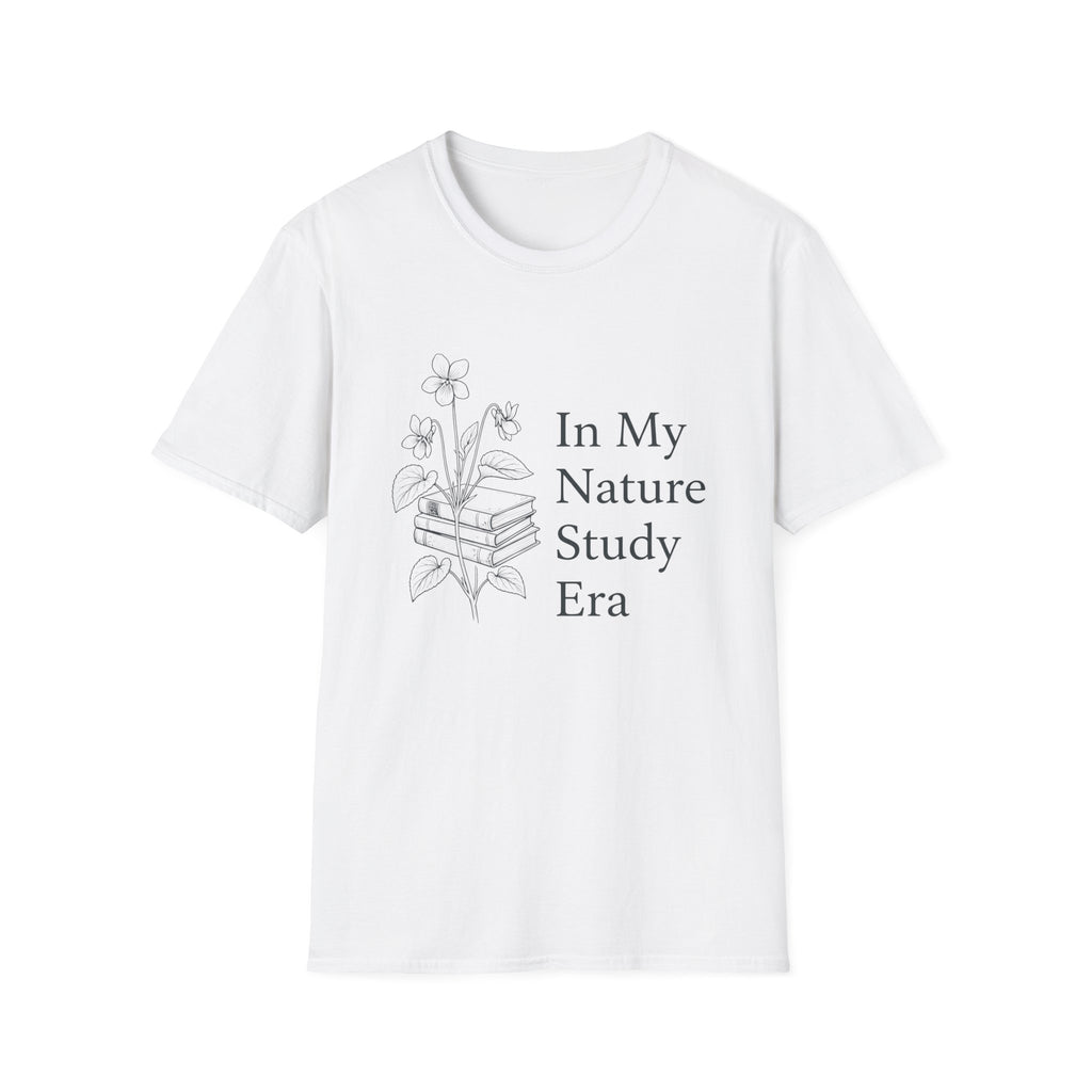 Nature Study Era homeschool mom graphic t-shirt with a Charlotte Mason-inspired design with books, nature details, and vintage homeschool charm