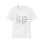 Nature Study Era homeschool mom graphic t-shirt with a Charlotte Mason-inspired design with books, nature details, and vintage homeschool charm