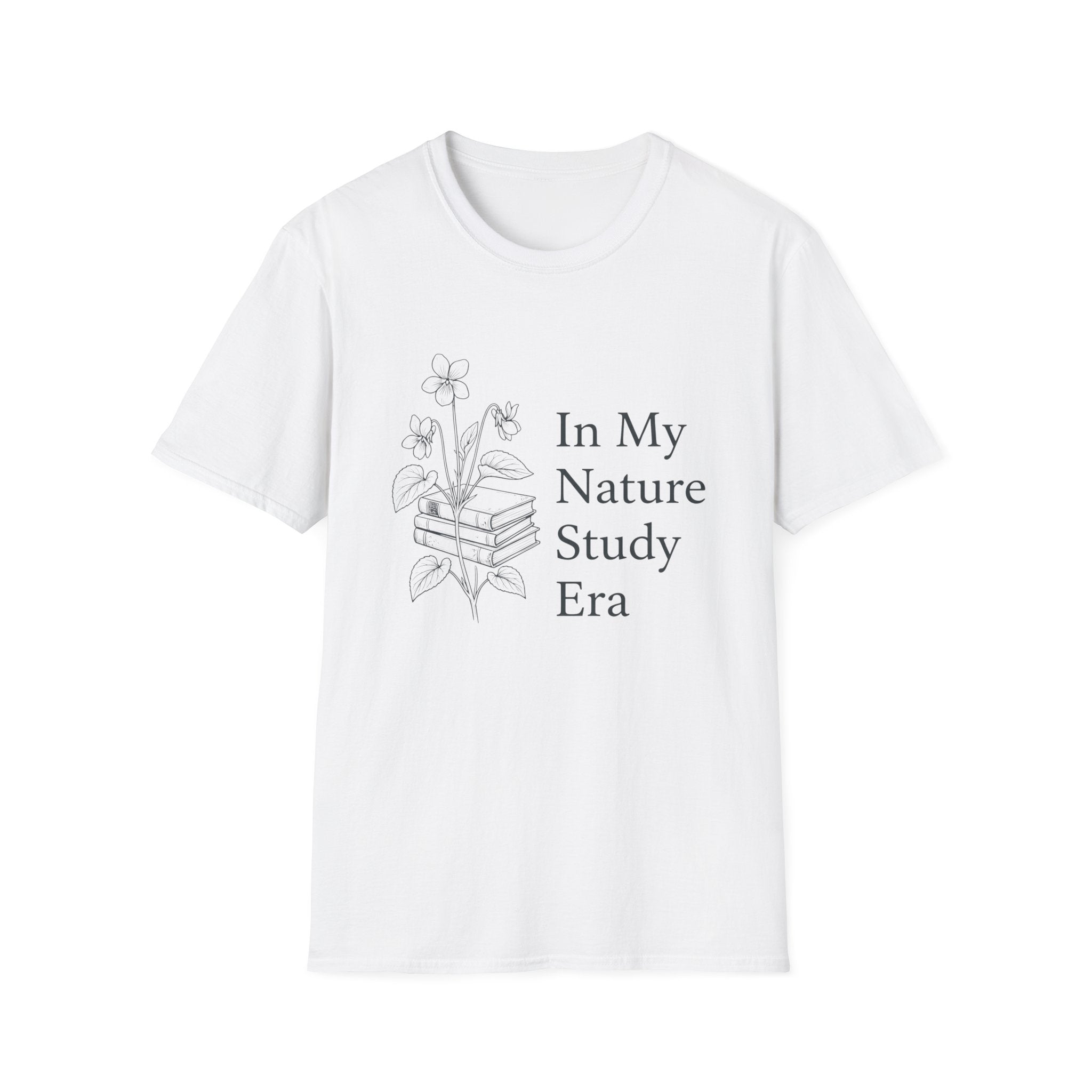 Nature Study Era homeschool mom graphic t-shirt with a Charlotte Mason-inspired design with books, nature details, and vintage homeschool charm