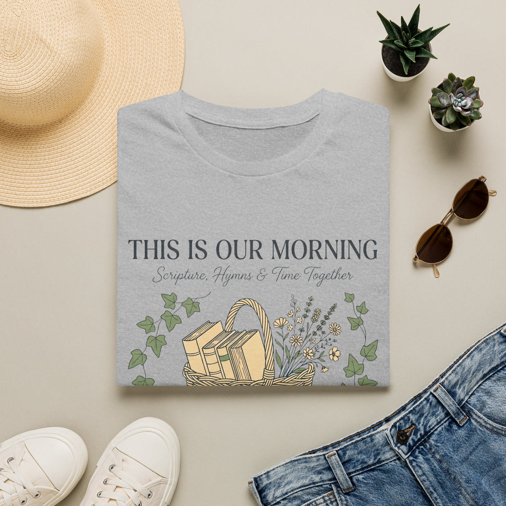This Is Our Morning homeschool mom graphic t-shirt with a gathered-at-home inspired graphic with books, florals, and cozy family learning details