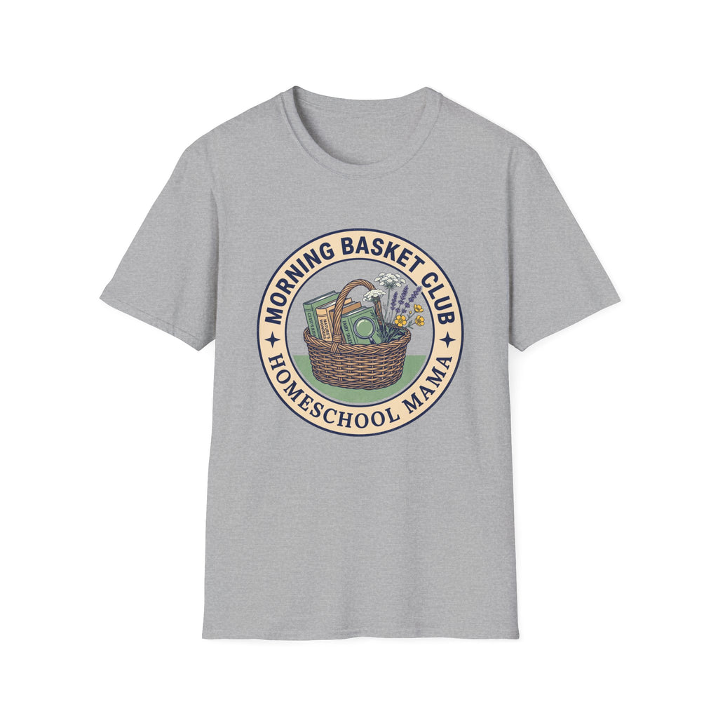 Morning Basket Club homeschool mom graphic t-shirt with a cozy morning basket-inspired design with books, gentle details, and home learning charm