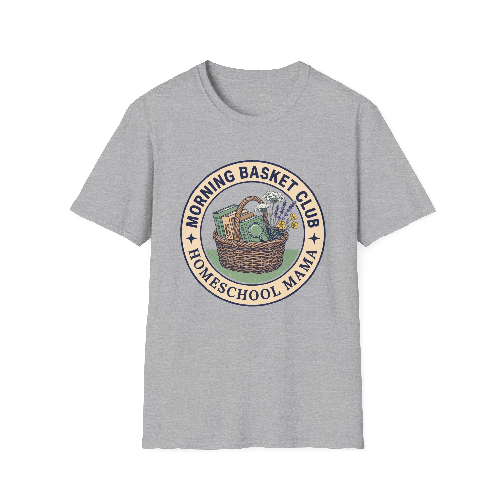 Morning Basket Club homeschool mom graphic t-shirt with a cozy morning basket-inspired design with books, gentle details, and home learning charm