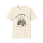 Read Aloud Mama homeschool mom graphic t-shirt with a sweet read-aloud design with stacked books, florals, and gentle homeschool charm