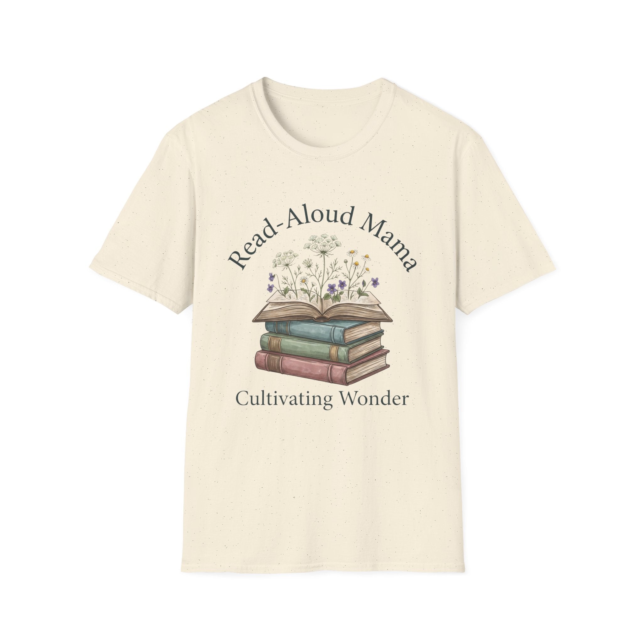 Read Aloud Mama homeschool mom graphic t-shirt with a sweet read-aloud design with stacked books, florals, and gentle homeschool charm