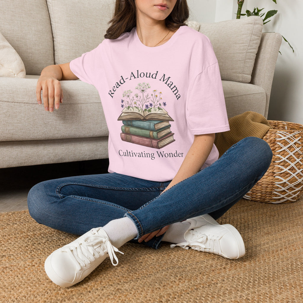 Read Aloud Mama homeschool mom graphic t-shirt with a sweet read-aloud design with stacked books, florals, and gentle homeschool charm