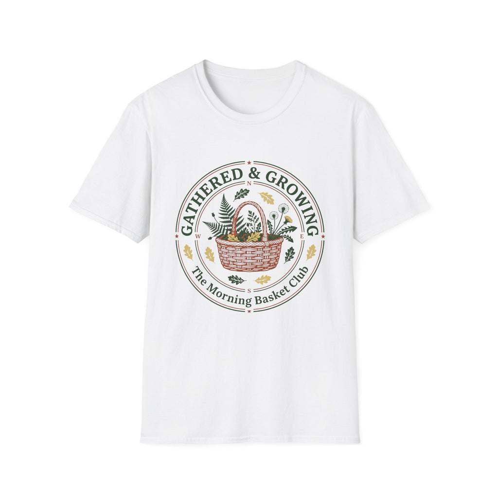 Gathered & Growing homeschool mom graphic t-shirt with a gathered-at-home inspired graphic with books, florals, and cozy family learning details