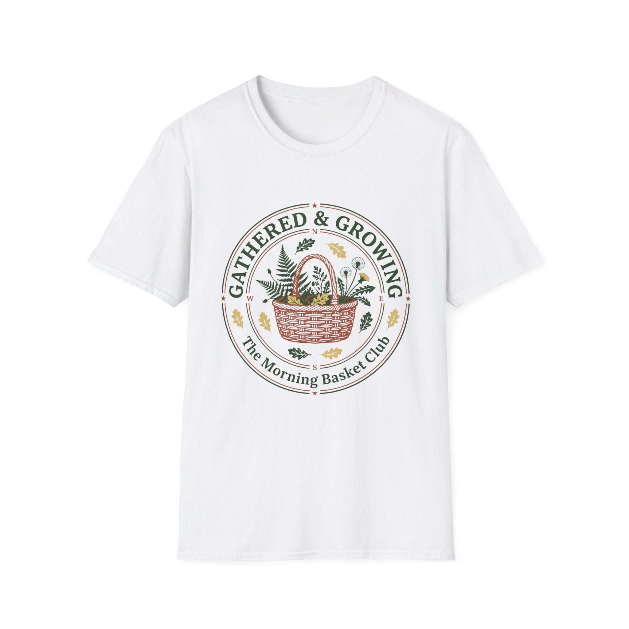 Gathered & Growing homeschool mom graphic t-shirt with a gathered-at-home inspired graphic with books, florals, and cozy family learning details