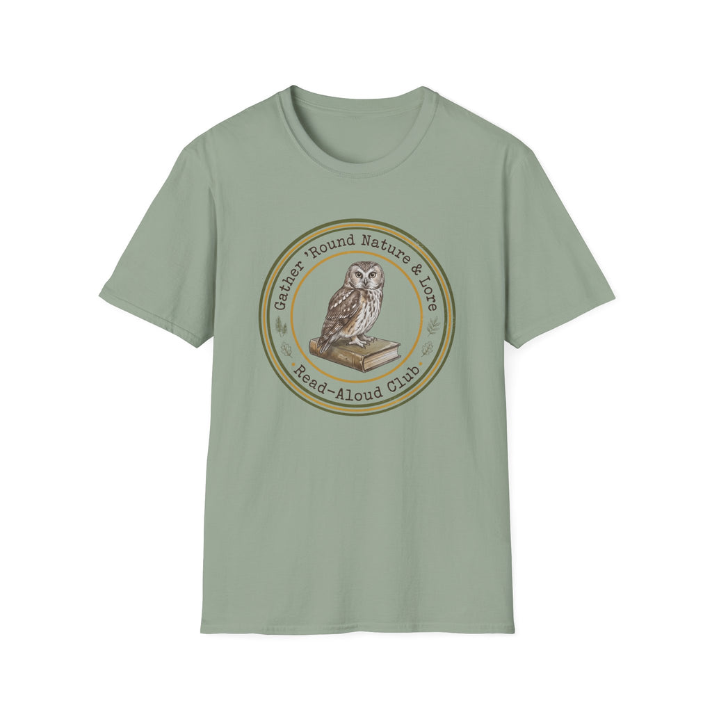Gather Round Nature & Lore homeschool mom graphic t-shirt with a Charlotte Mason-inspired design with nature details, bookish elements, and classic homeschool lettering