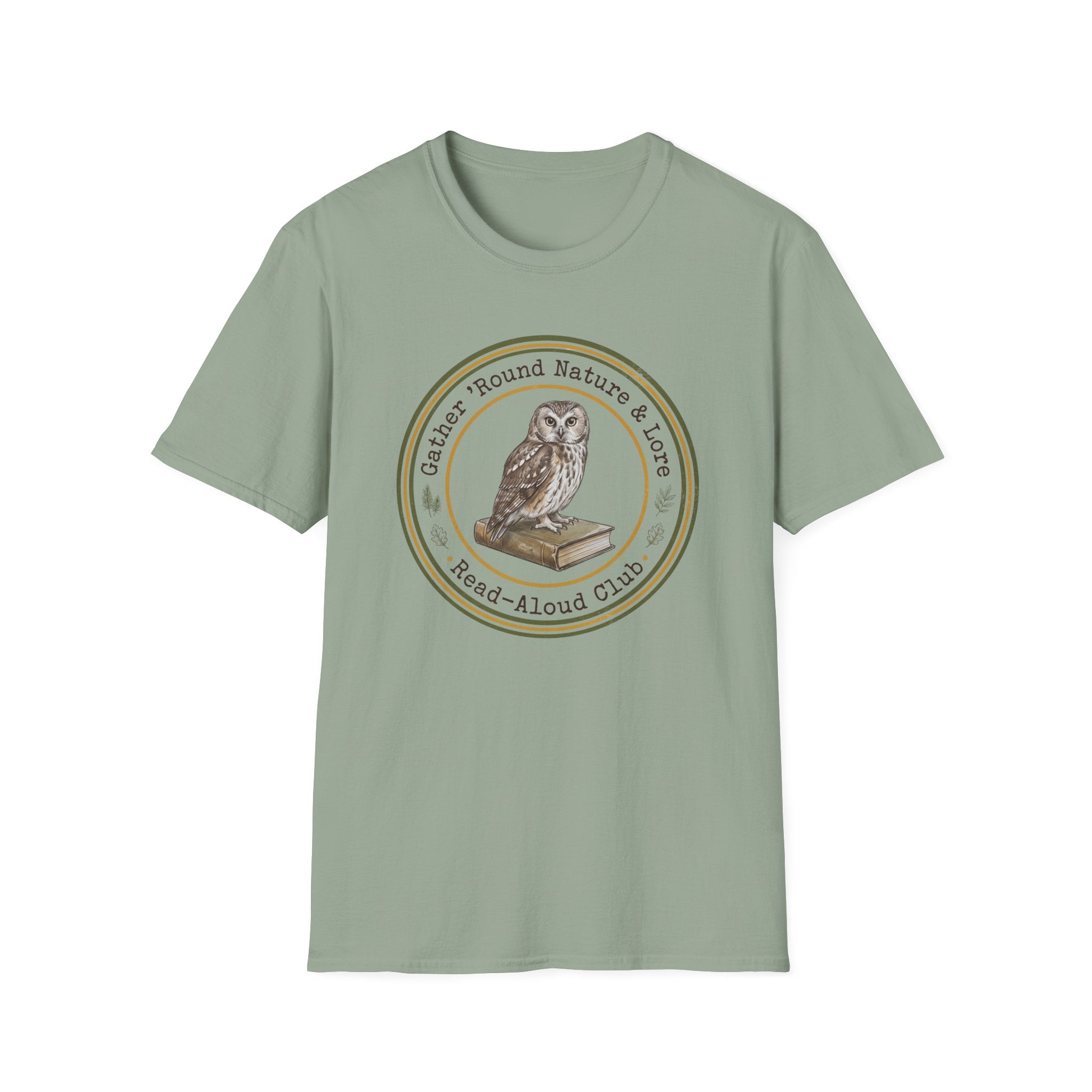 Gather Round Nature & Lore homeschool mom graphic t-shirt with a Charlotte Mason-inspired design with nature details, bookish elements, and classic homeschool lettering