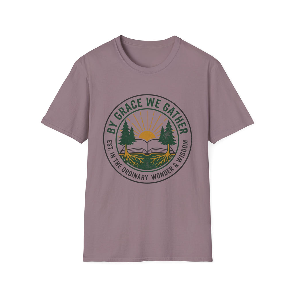 By Grace We Gather homeschool mom graphic t-shirt with a gathered-at-home inspired graphic with books, florals, and cozy family learning details
