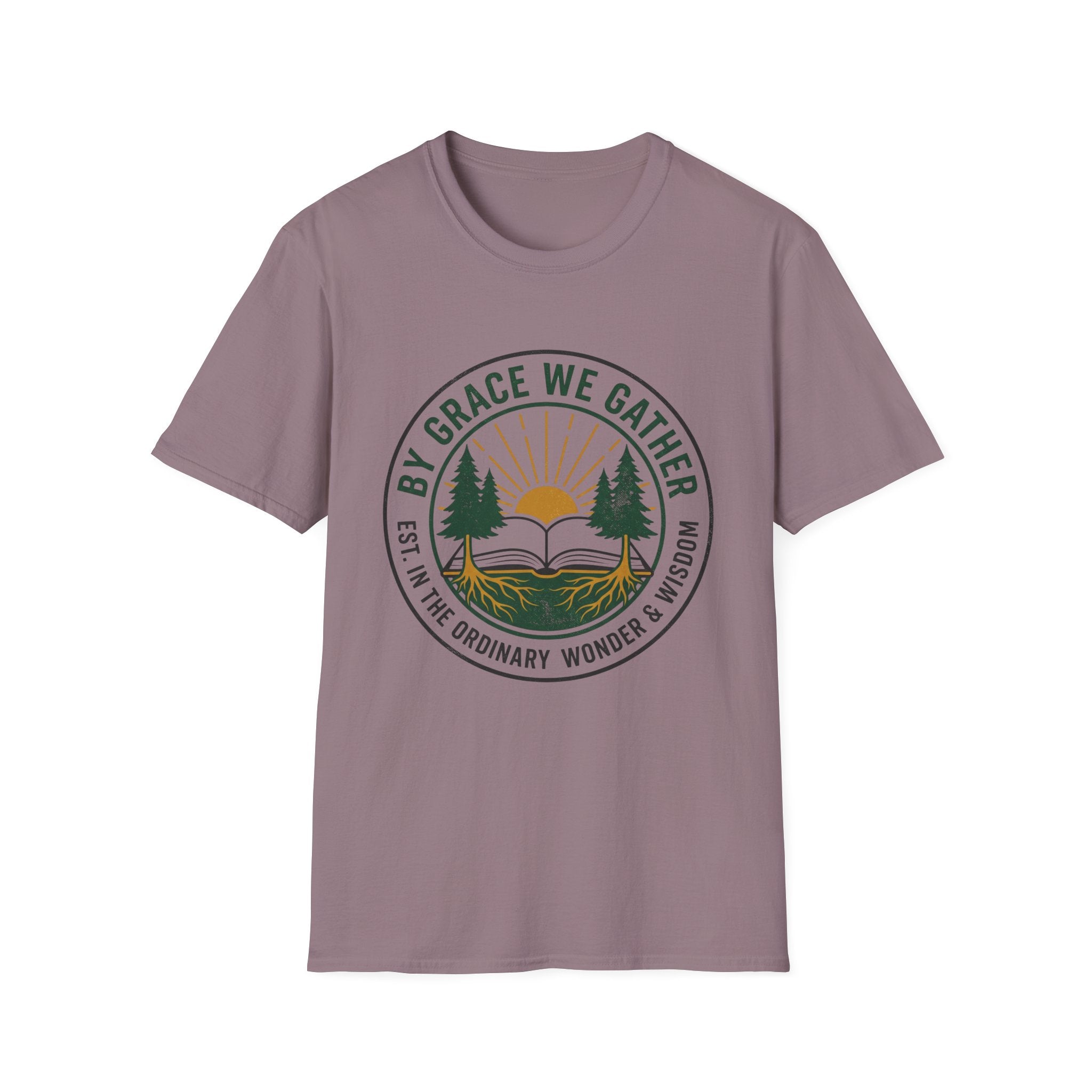 By Grace We Gather homeschool mom graphic t-shirt with a gathered-at-home inspired graphic with books, florals, and cozy family learning details
