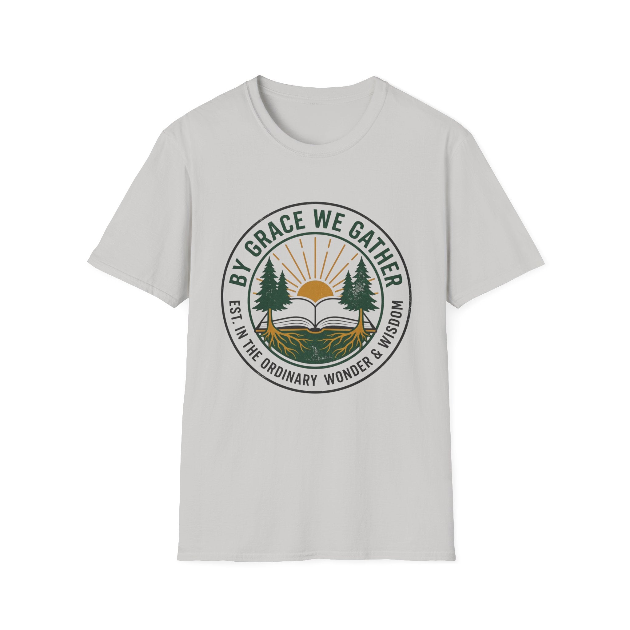 By Grace We Gather homeschool mom graphic t-shirt with a gathered-at-home inspired graphic with books, florals, and cozy family learning details