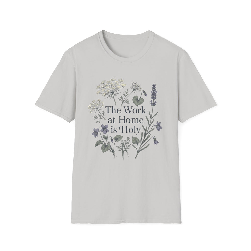The Work At Home Is Holy homeschool mom graphic t-shirt with a gathered-at-home inspired graphic with books, florals, and cozy family learning details
