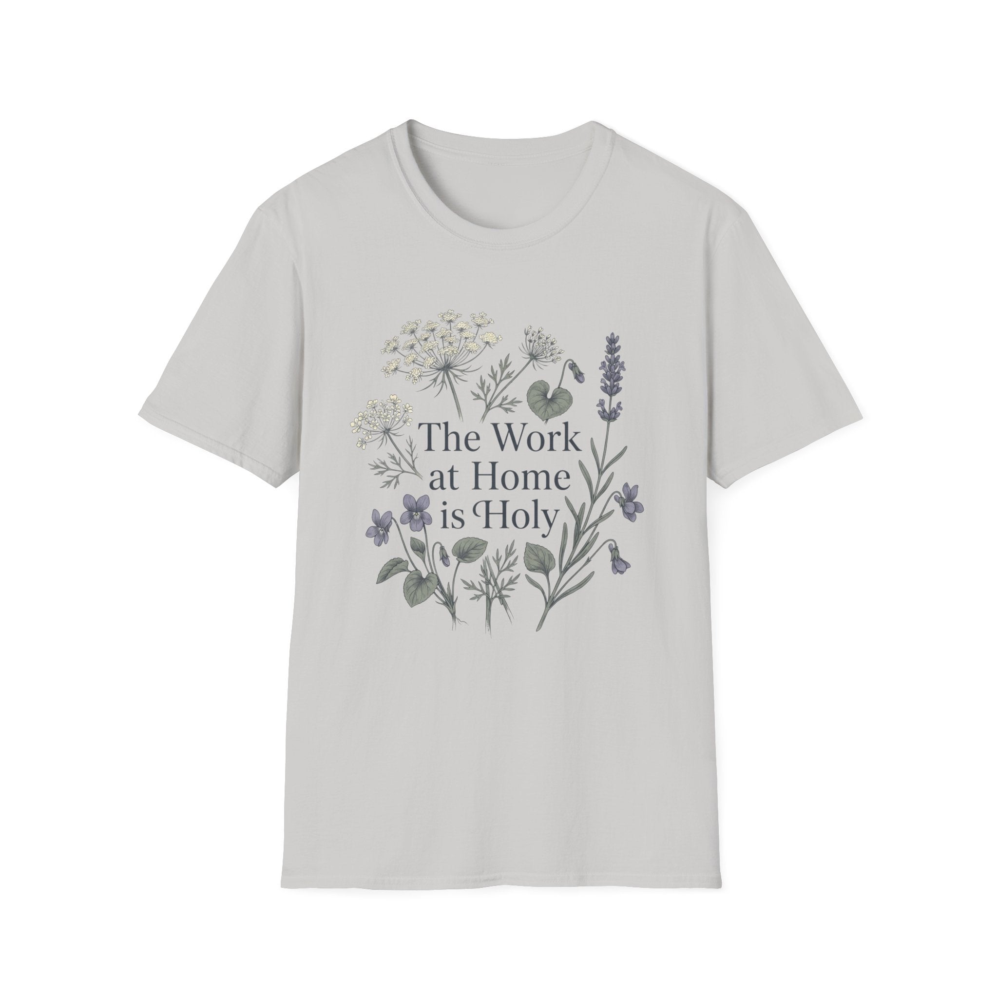 The Work At Home Is Holy homeschool mom graphic t-shirt with a gathered-at-home inspired graphic with books, florals, and cozy family learning details