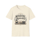 The Ministry Of Motherhood homeschool mom graphic t-shirt with a faith-filled homeschool design with gentle lettering and classic illustrative details
