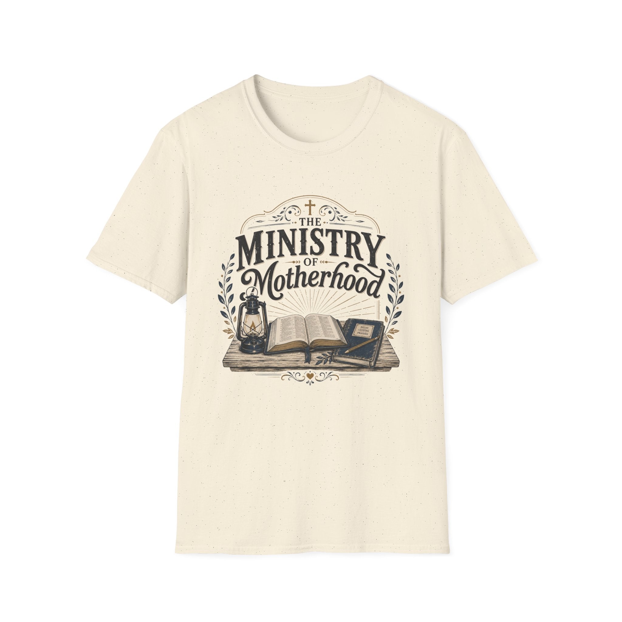 The Ministry Of Motherhood homeschool mom graphic t-shirt with a faith-filled homeschool design with gentle lettering and classic illustrative details