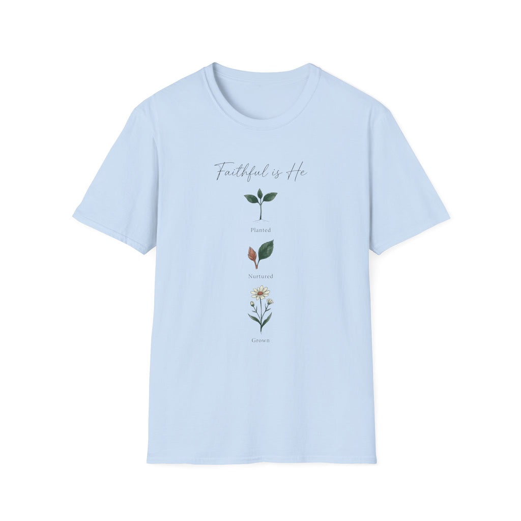 Faithful Is He homeschool mom graphic t-shirt with a faith-filled homeschool design with gentle lettering and classic illustrative details