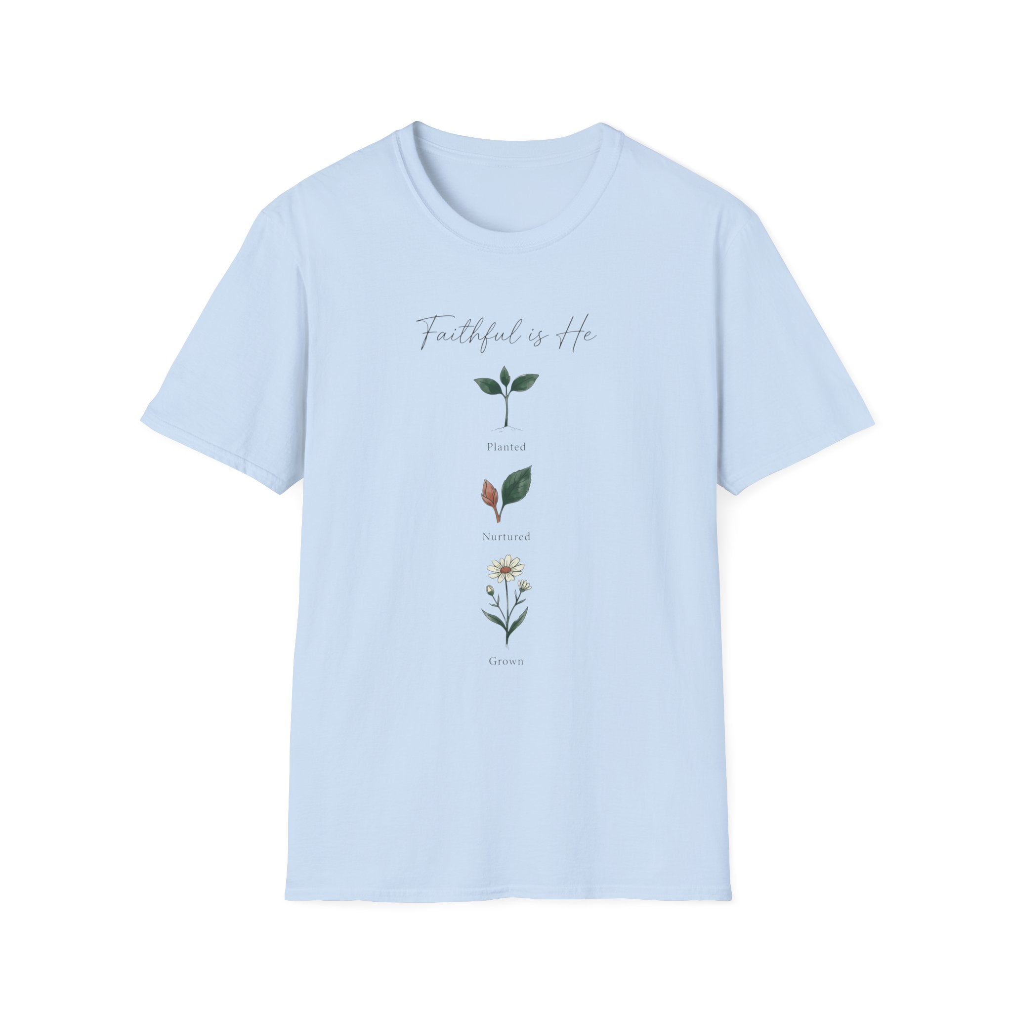 Faithful Is He homeschool mom graphic t-shirt with a faith-filled homeschool design with gentle lettering and classic illustrative details