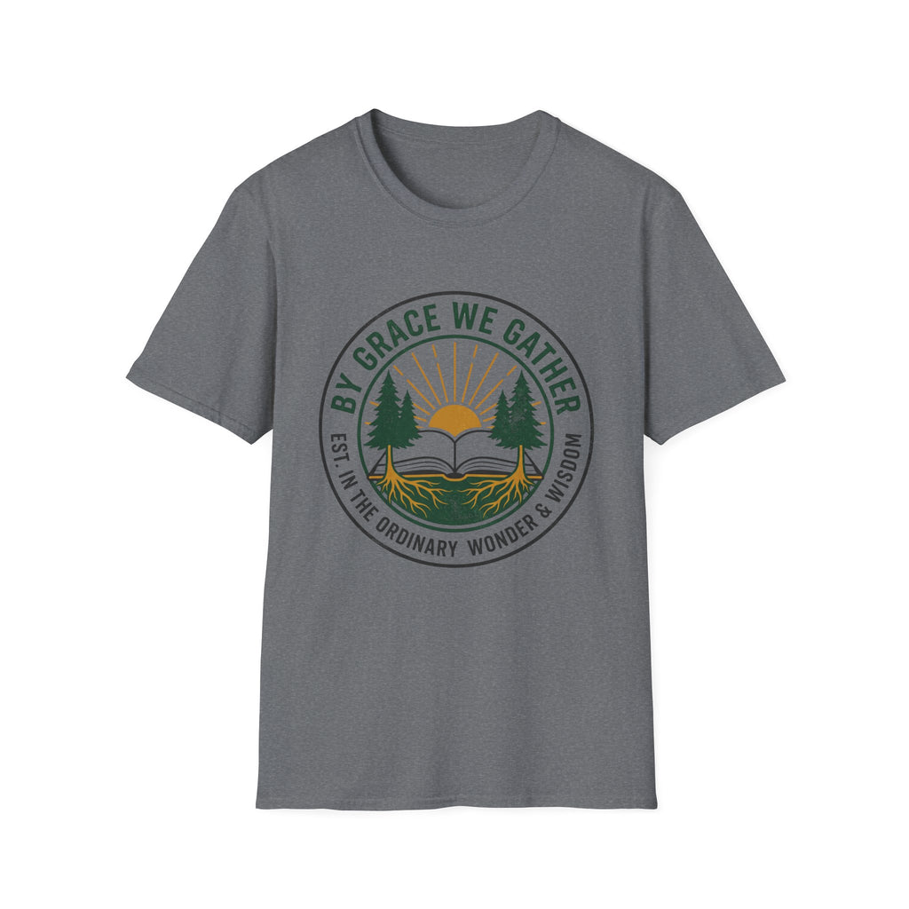 By Grace We Gather homeschool mom graphic t-shirt with a gathered-at-home inspired graphic with books, florals, and cozy family learning details