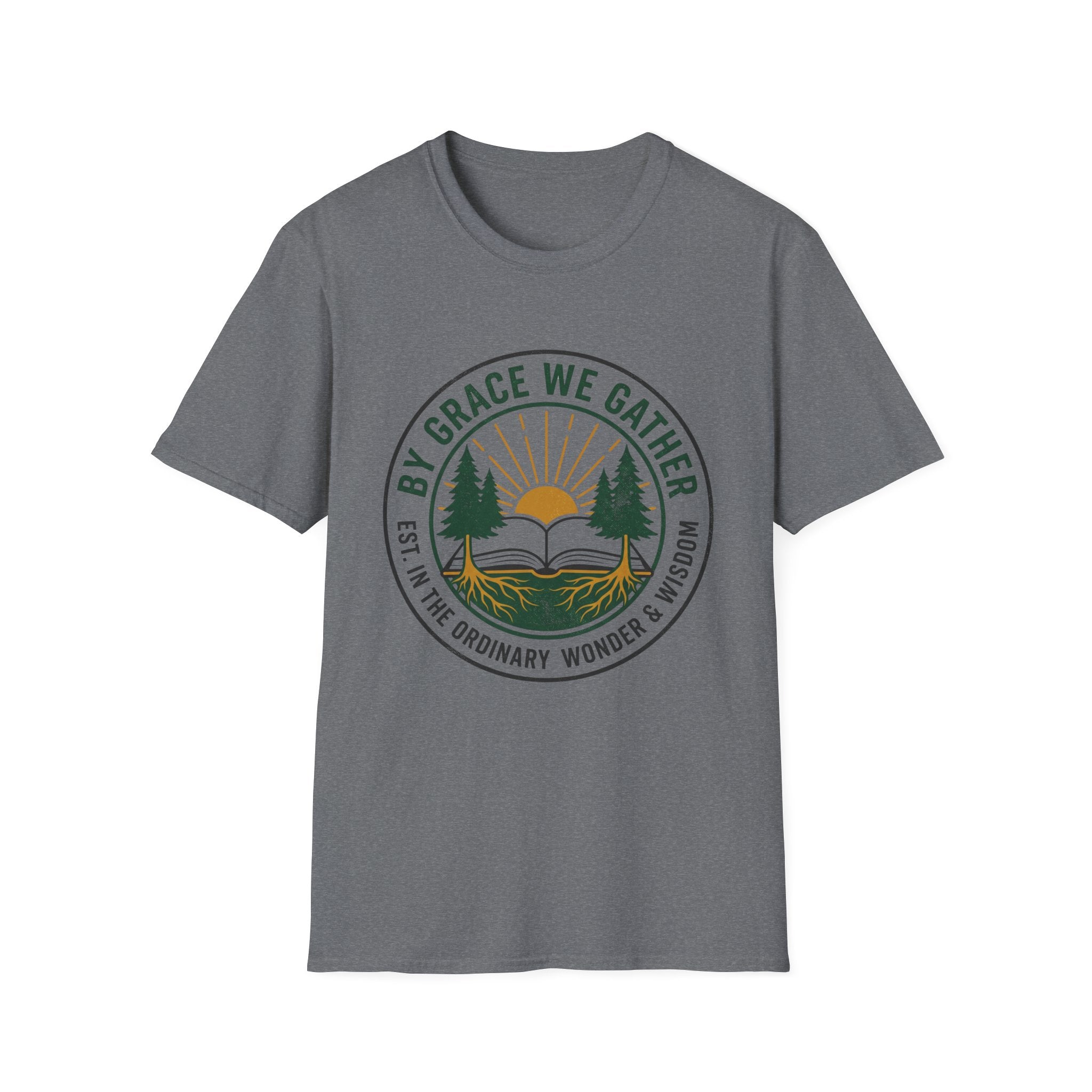 By Grace We Gather homeschool mom graphic t-shirt with a gathered-at-home inspired graphic with books, florals, and cozy family learning details