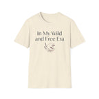 My Wild and Free Era homeschool mom graphic t-shirt with an adventurous homeschool graphic with nature, books, and outdoor learning energy