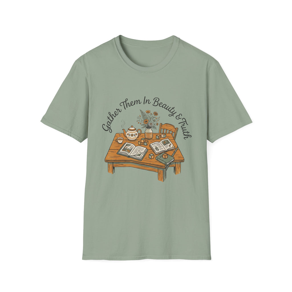 Gather Them In Beauty homeschool mom graphic t-shirt with a gathered-at-home inspired graphic with books, florals, and cozy family learning details