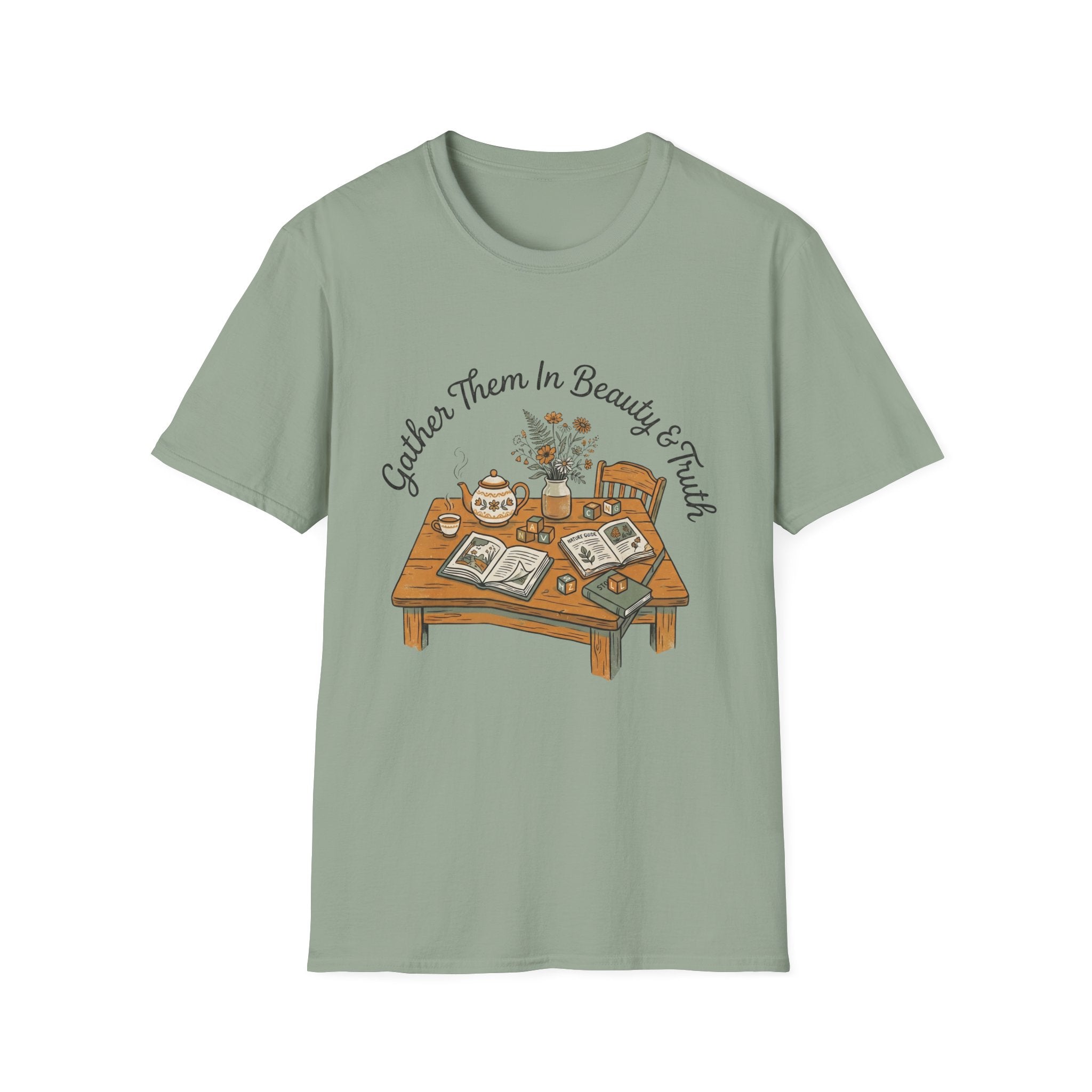 Gather Them In Beauty homeschool mom graphic t-shirt with a gathered-at-home inspired graphic with books, florals, and cozy family learning details