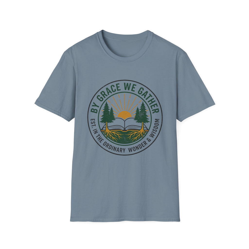By Grace We Gather homeschool mom graphic t-shirt with a gathered-at-home inspired graphic with books, florals, and cozy family learning details