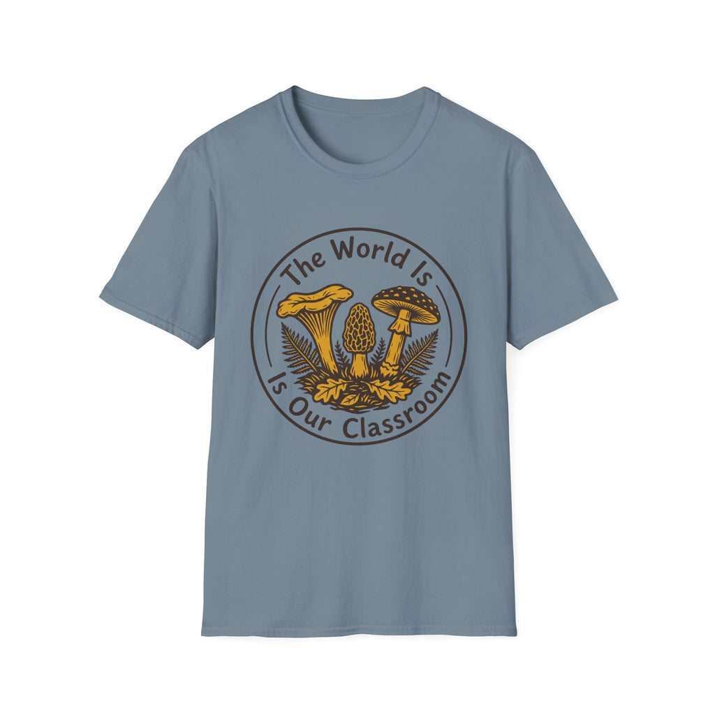 The World Is Our Classroom homeschool mom graphic t-shirt with an adventurous homeschool graphic with nature, books, and outdoor learning energy