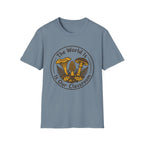 The World Is Our Classroom homeschool mom graphic t-shirt with an adventurous homeschool graphic with nature, books, and outdoor learning energy