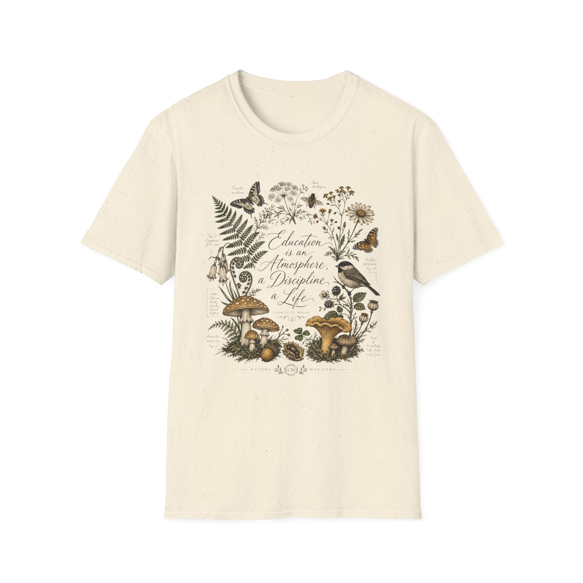 Education Is An Atmosphere homeschool mom graphic t-shirt with a Charlotte Mason-inspired design with books, nature details, and vintage homeschool charm