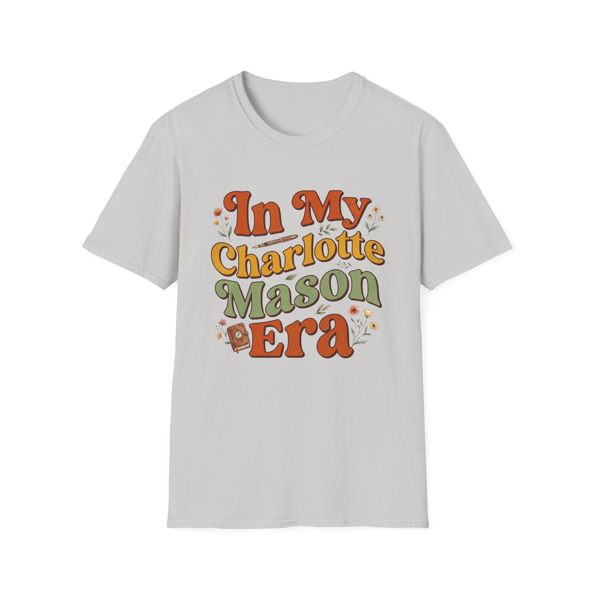 In My Charlotte Mason Era homeschool mom graphic t-shirt with a Charlotte Mason-inspired design with books, nature details, and vintage homeschool charm