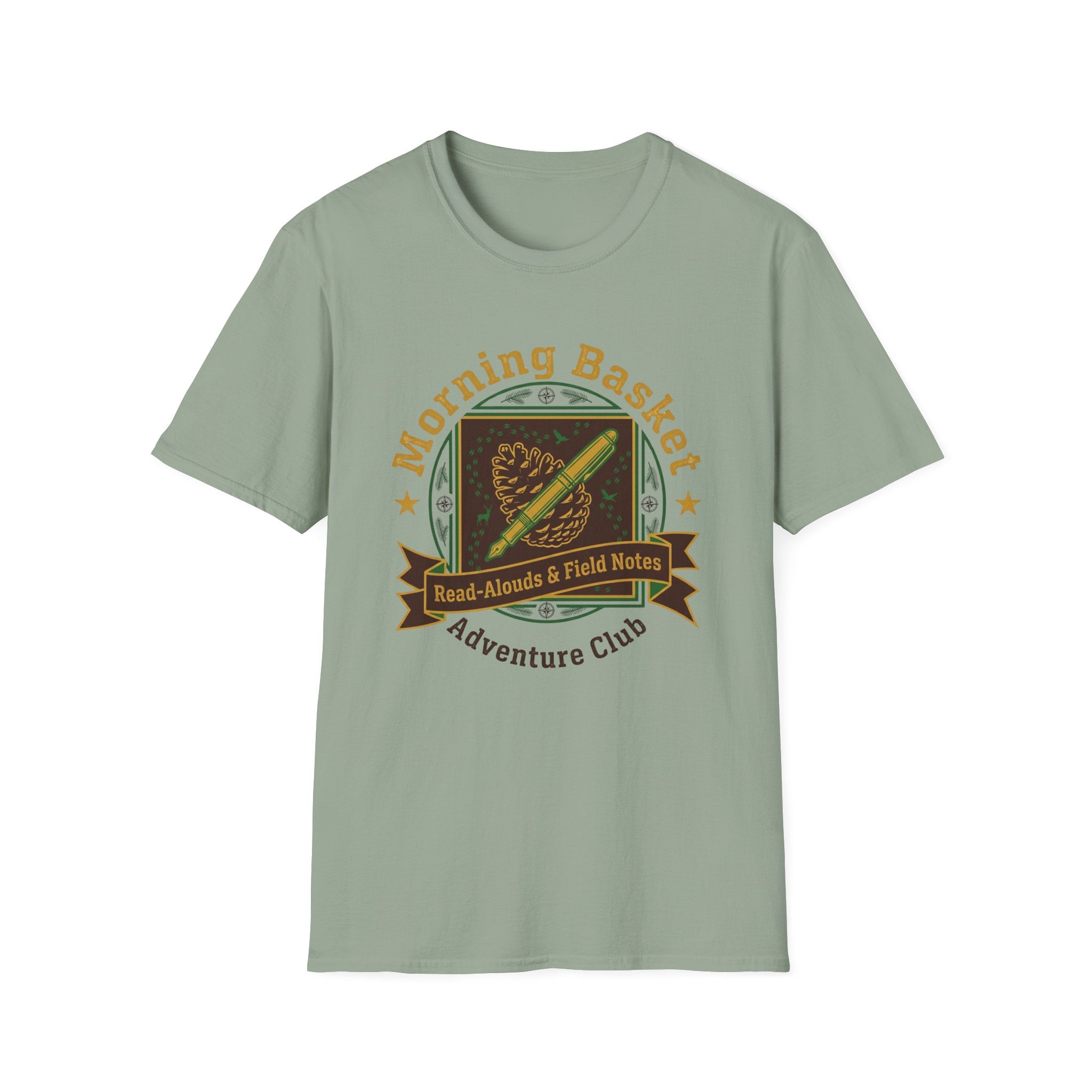 Morning Basket Adventure Club homeschool mom graphic t-shirt with a cozy morning basket-inspired design with books, gentle details, and home learning charm