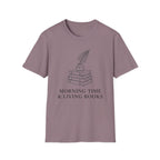 Morning Time & Living Books homeschool mom graphic t-shirt with a Charlotte Mason-inspired design with books, nature details, and vintage homeschool charm