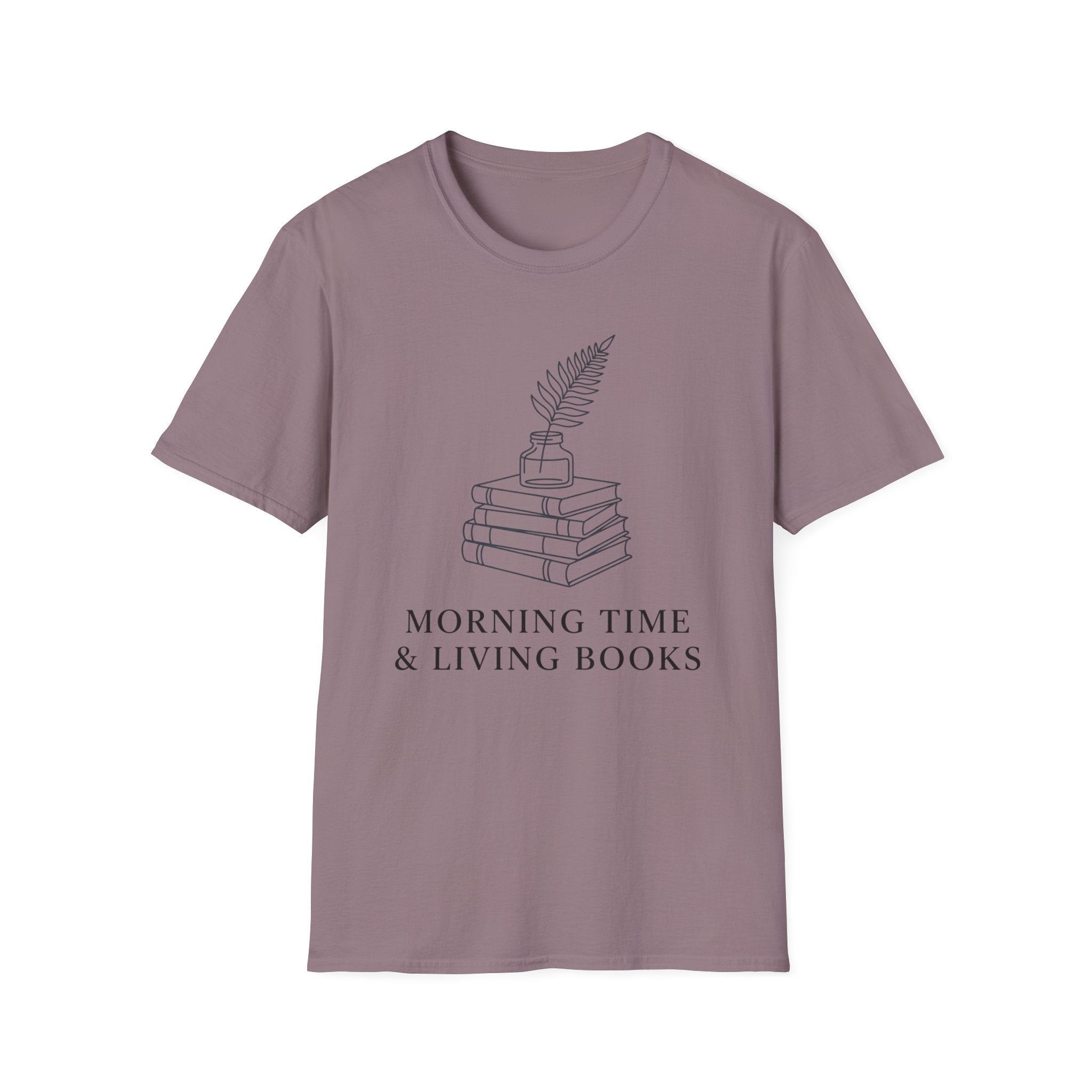 Morning Time & Living Books homeschool mom graphic t-shirt with a Charlotte Mason-inspired design with books, nature details, and vintage homeschool charm