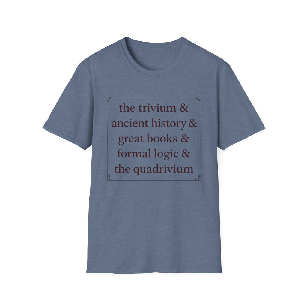 Trivium Check List homeschool mom graphic t-shirt with a playful checklist-style homeschool graphic with bookish and nature-inspired details