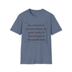 Trivium Check List homeschool mom graphic t-shirt with a playful checklist-style homeschool graphic with bookish and nature-inspired details