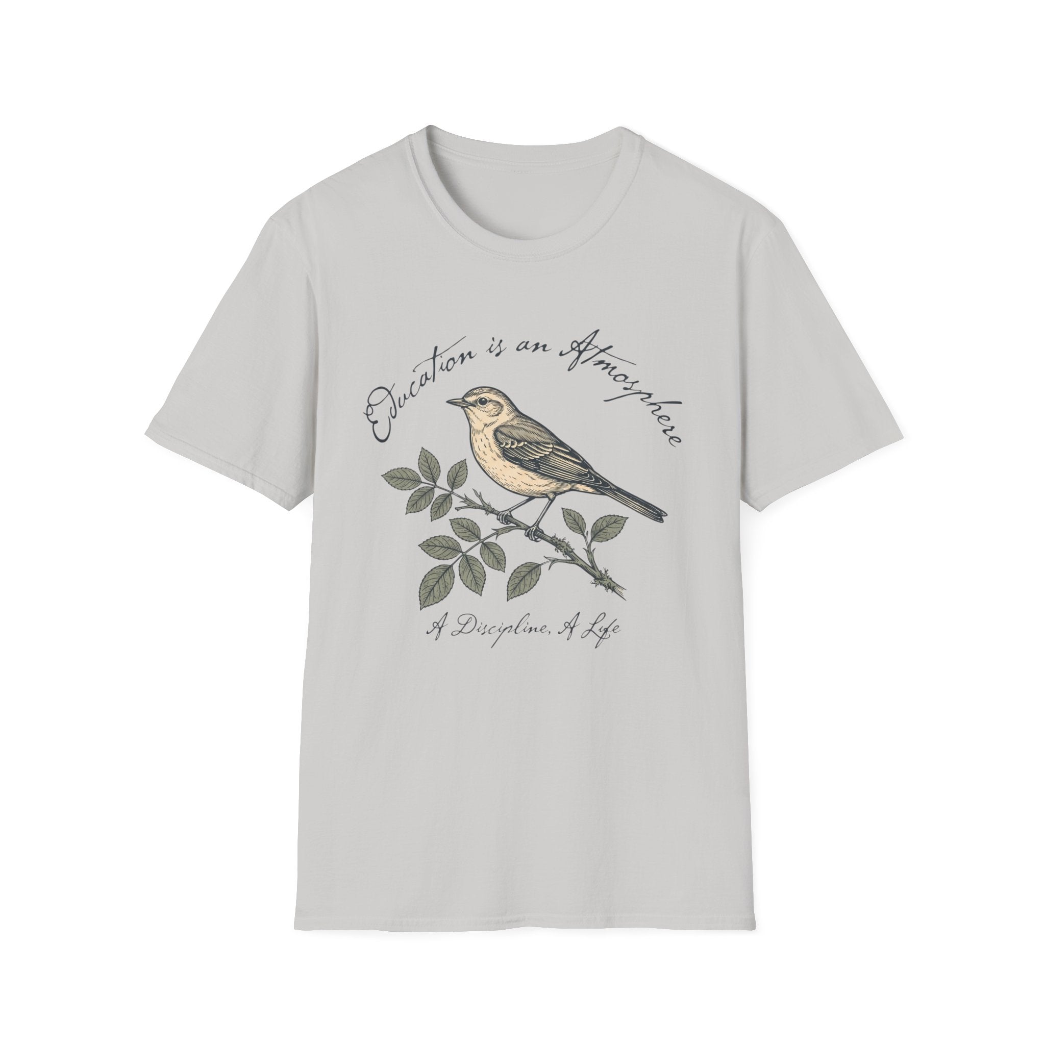 Education Is An Atmosphere T Shirt homeschool mom graphic t-shirt with a Charlotte Mason-inspired design with books, nature details, and vintage homeschool charm