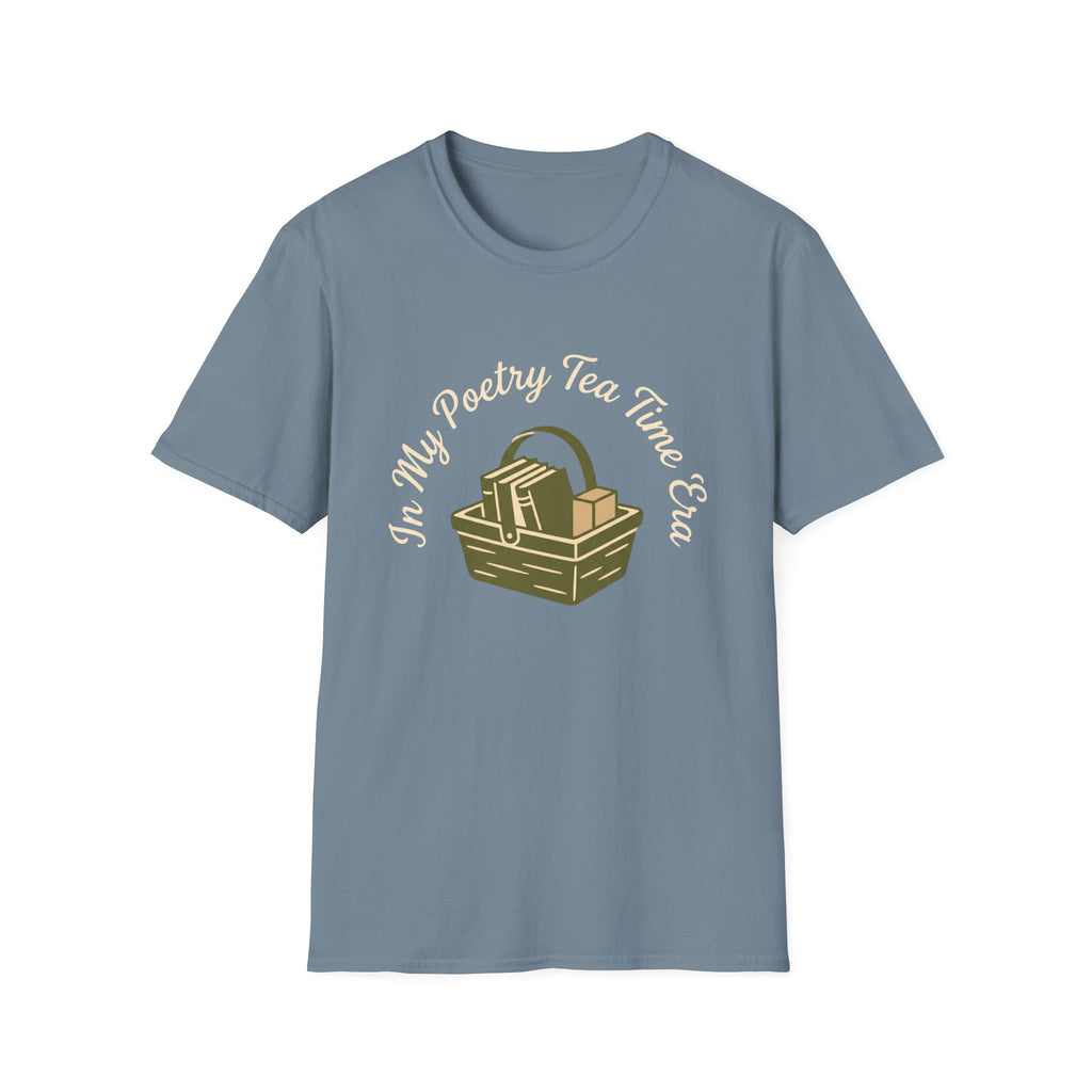 In My Poetry Tea Time Era homeschool mom t-shirt with books and tea basket graphic