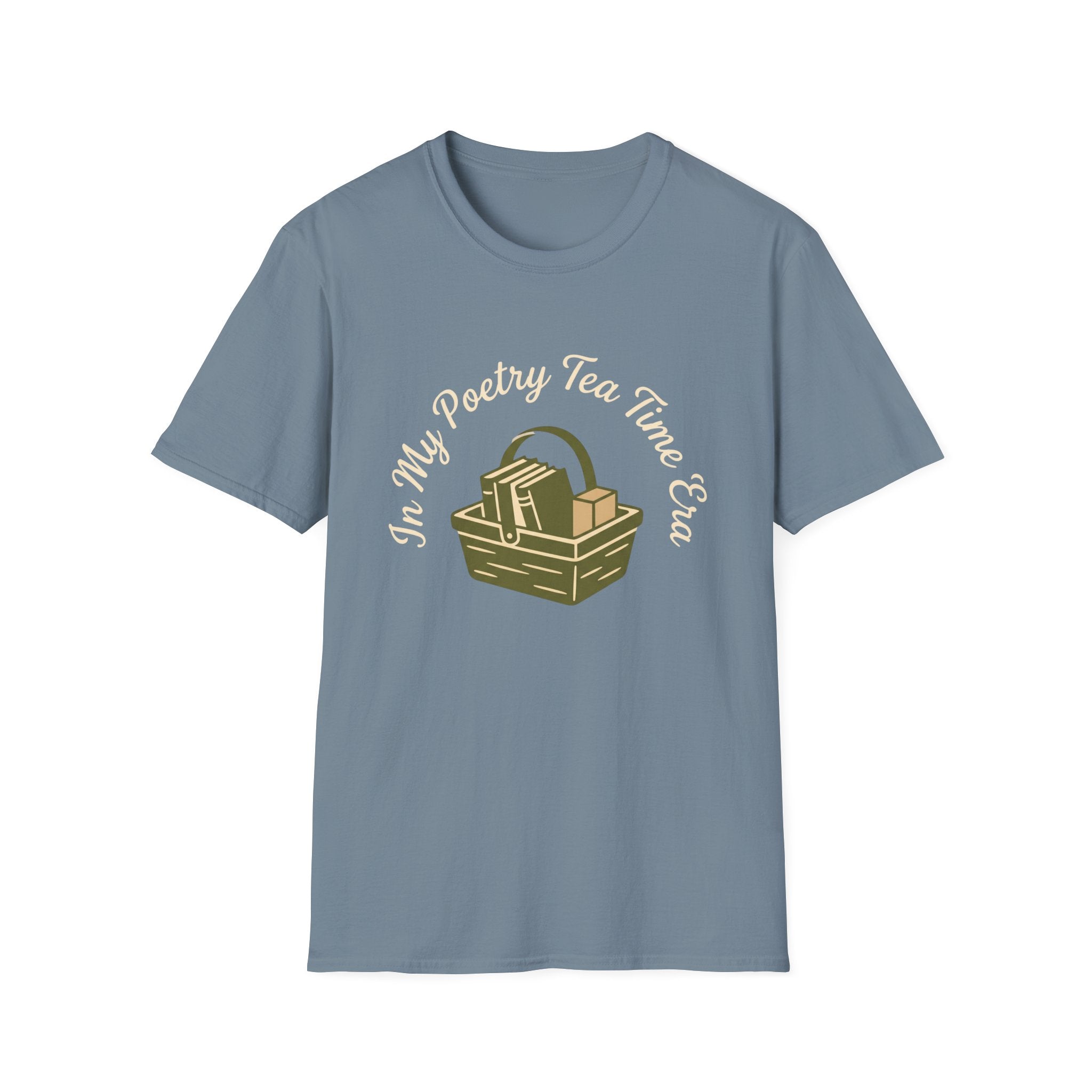 In My Poetry Tea Time Era homeschool mom t-shirt with books and tea basket graphic