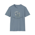 Gathered & Growing homeschool mom graphic t-shirt with a gathered-at-home inspired graphic with books, florals, and cozy family learning details