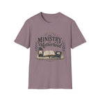 The Ministry Of Motherhood homeschool mom graphic t-shirt with a faith-filled homeschool design with gentle lettering and classic illustrative details